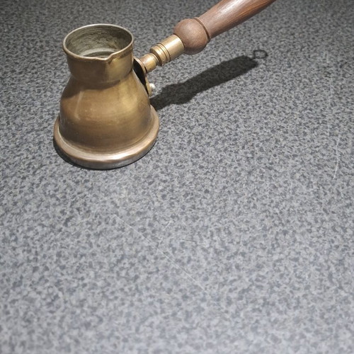 Brass cezve with wooden handle used, vintage Greek coffee pot