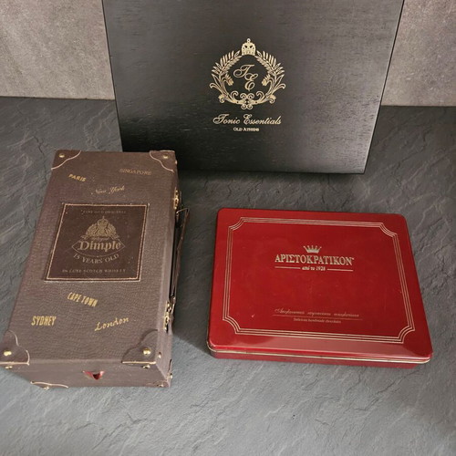Collectible boxes like new, Aristokratikon case, wooden Tonic Essentials, leather Dimple