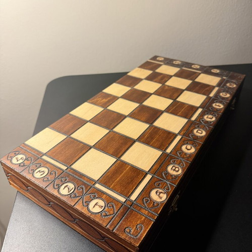 Handmade wooden chess set like new with folding board