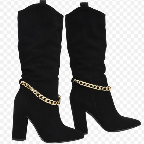 Suede black boots with gold chain, new, 10cm heel