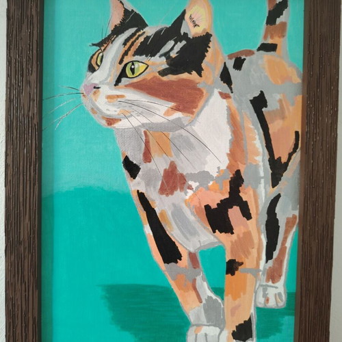 Hand Painted Acrylic Cat Painting with Wood-Effect Frame