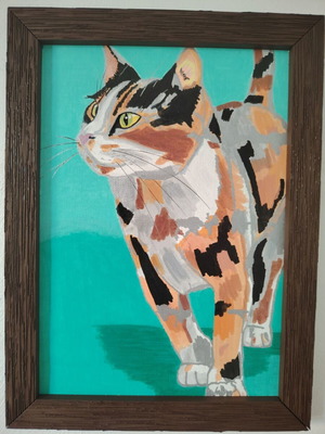 Hand Painted Acrylic Cat Painting with Wood-Effect Frame