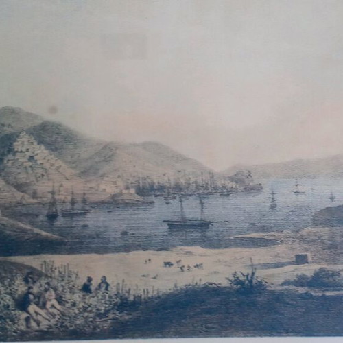 Vintage engraving Port de Syra framed