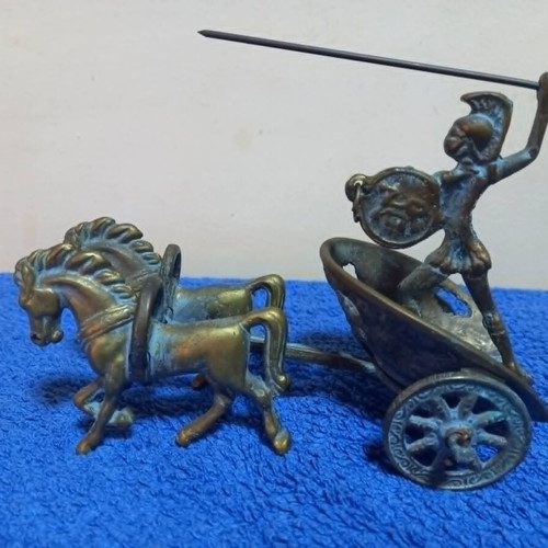 Bronze miniature sculpture of a Greco-Roman warrior in chariot used