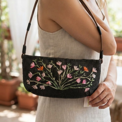 Black Straw Shoulder Bag Excess with Floral Embroidery new