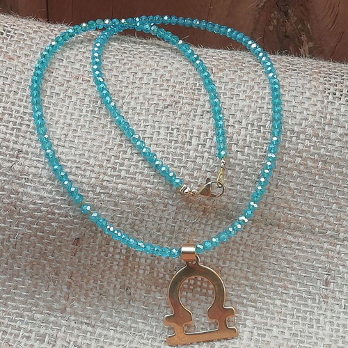 Libra necklace gold-plated pendant new with transparent blue iridescent color
