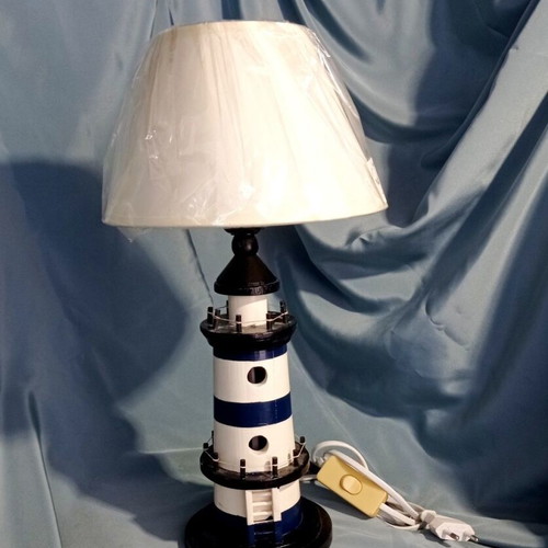 Wooden table lamp lighthouse with new lampshade and LED bulb like new