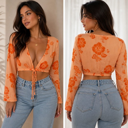 Floral Orange Crop Top with Front Tie Size S New with Tags