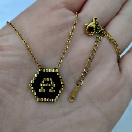 Steel monogram necklace made to order with miyuki beads black and gold
