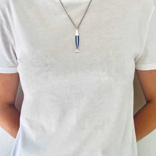 Necklace with steel fish-shaped pendant and blue details new