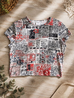 Bershka crop top με ιαπωνικό γραφικό σχέδιο, μέγεθος L
