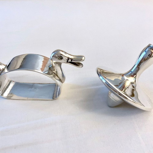 Set of 2 silver decorative items 900 & 925 used, duck and spinning top