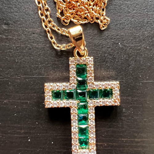 Stavros stainless steel cross with green and white stones new