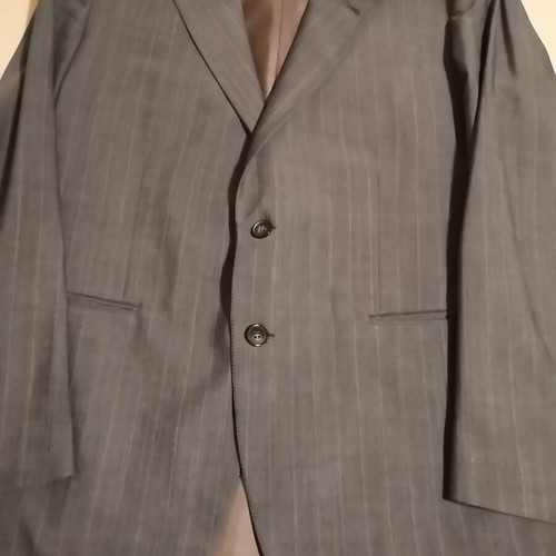Gray striped men's summer suit by E. Loumos, used, size 50 jacket, altered pants
