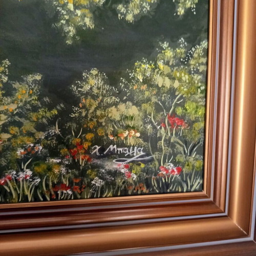 Original oil painting landscape with bridge by Chrysoula Bala, like new