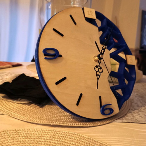 Industrial Minimal wall clock with wood and blue geometric design, new