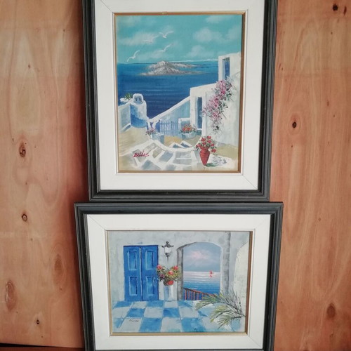 Composition of two oil paintings with Cyclades themes like new
