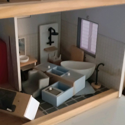 Wooden dollhouse used with extra accessories pack