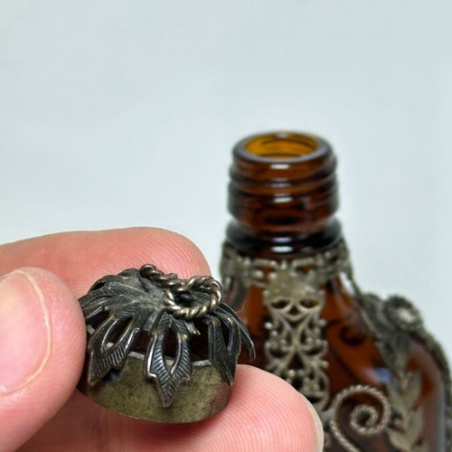 Vintage amber glass flask with filigree metalwork, 1930-1950