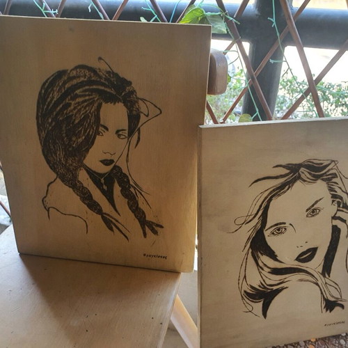 Wooden art frames with female portraits by Fragkiskos, set of 2