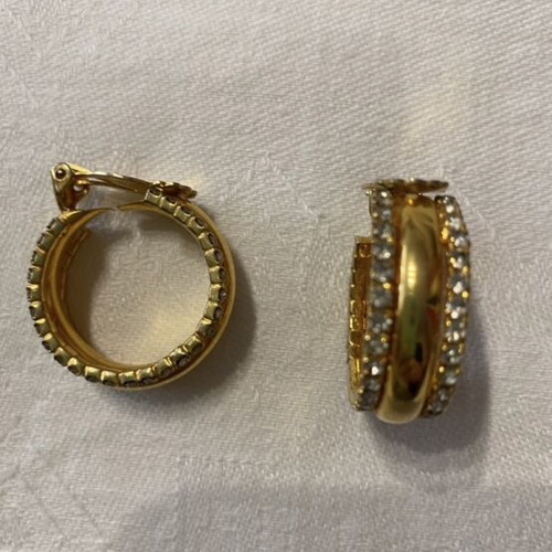 Vintage women's hoop earrings like new, gold tone with double row of zircons