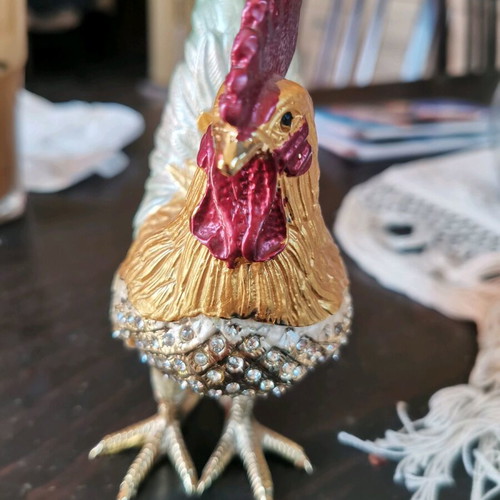 Vintage jewelry box with rooster design and Swarovski crystals used