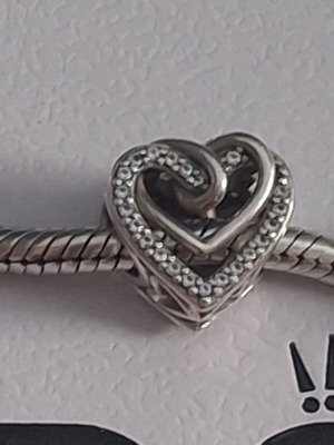 Pandora charm heart with linked hearts decorated with zircon stones, like new
