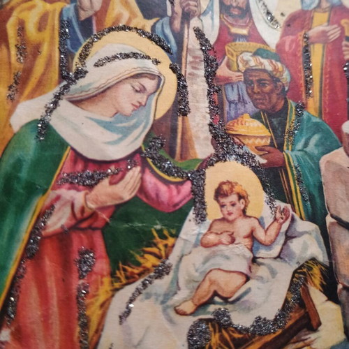 Vintage Christmas Nativity Postcard, glitter detail