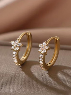Gold earrings with zirconia new, elegant floral design