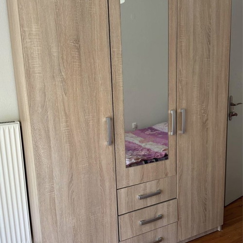 Three-door wardrobe with mirror, light oak color