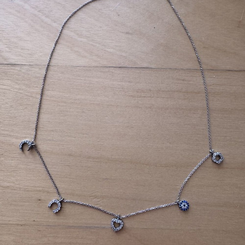 925 Sterling Silver Lucky Charm Necklace like new with Evil Eye Heart Moon CZ