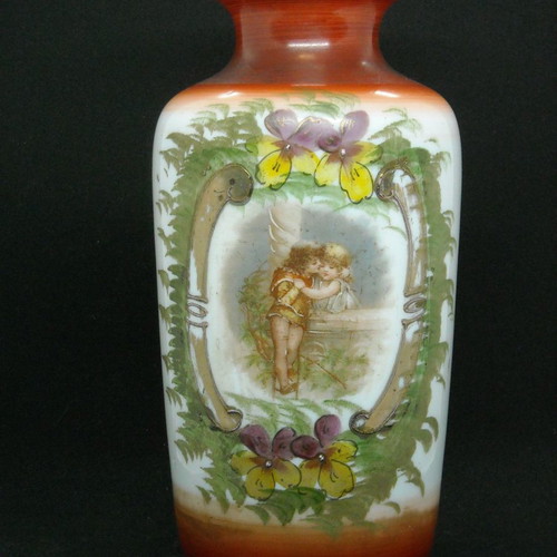 White opaline vase with Victorian couple used