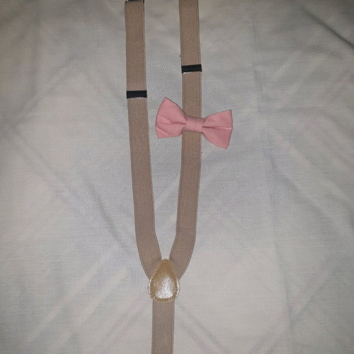 Children's suspenders set beige with pink bow tie like new, size 55cm