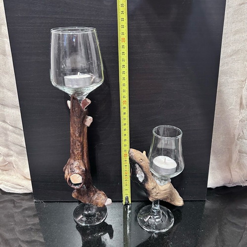 Candlesticks handmade from wood, glass and stones like new