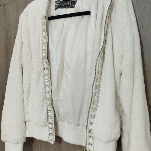 Faux Fur Jacket with Hood and Strass Size L like new, white