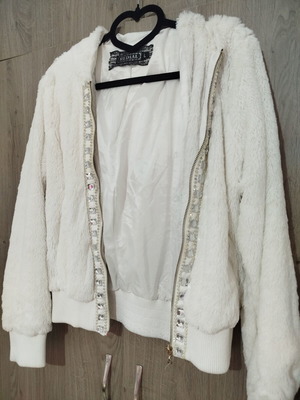 Faux Fur Jacket with Hood and Strass Size L like new, white