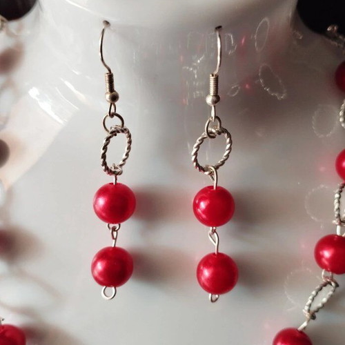 Handmade red beaded necklace and earrings set