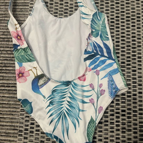 One Size Floral One-Piece Swimsuit with Open Back like new, white and blue