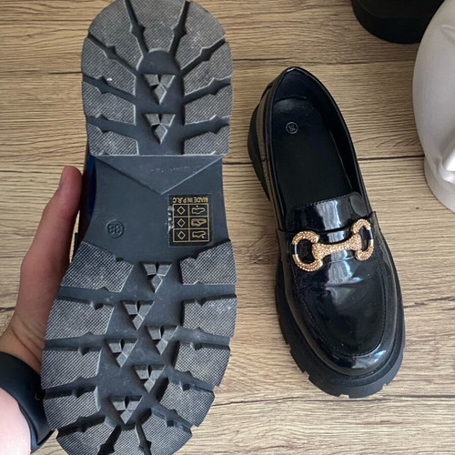 Women's loafers size 38 like new, black patent leather with gold buckle
