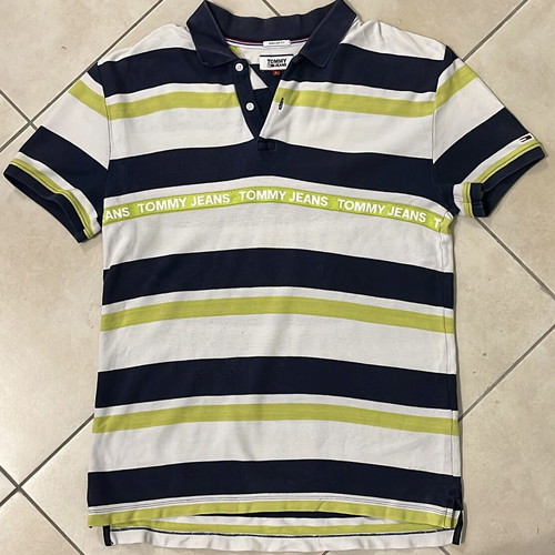 Tommy Jeans Polo Shirt, navy white yellow stripes, size L