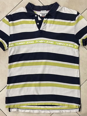 Tommy Jeans Polo Shirt, navy white yellow stripes, size L