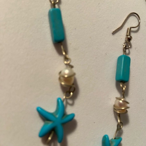 Earrings with turquoise stars and real pearl handmade