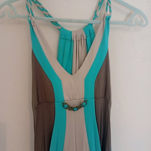 Summer women's dress like new, boho style, beige and turquoise