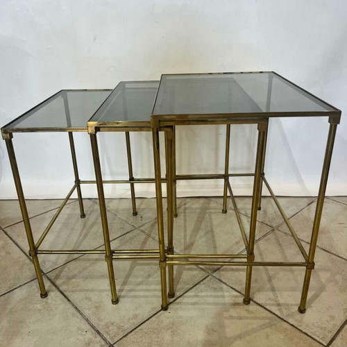 Vintage set of 3 brass nesting tables with glass surfaces used