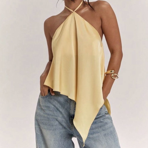 Shein yellow satin asymmetrical halterneck top