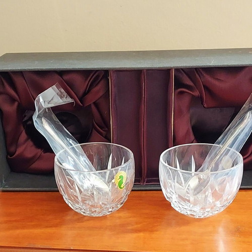 Set of two Waterford crystal bowls and two Newbridge Erns Ai silver-plated spoons new