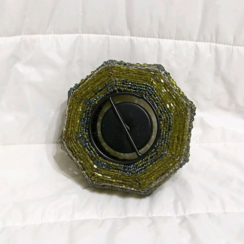 Decorative candle holder with beads like new, olive tones