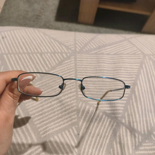 Blue eyeglasses used with nose pads for frame reuse