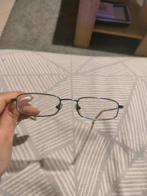 Blue eyeglasses used with nose pads for frame reuse