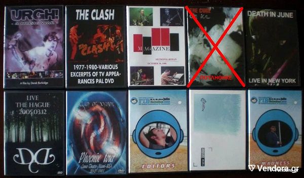  9 mousika DVD me spanio periechomeno:Clash, Dead can dance, Death in June, Editors, Madness ka